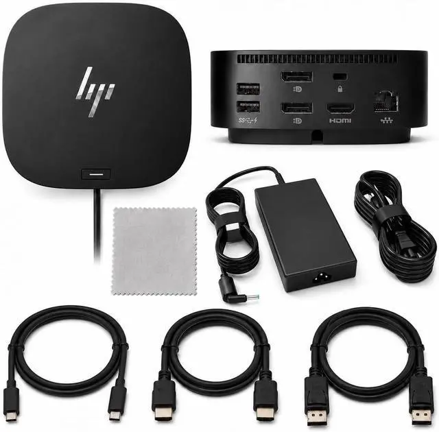 Main image of HP Docking Station for Laptop Dual Monitor and Charging Bundle - HP USB-C G5 Essential Dock 72C71AA#ABA with 120W Adapter, HDMI, DisplayPort, USB-C Cables & Microfiber Cleaning Cloth