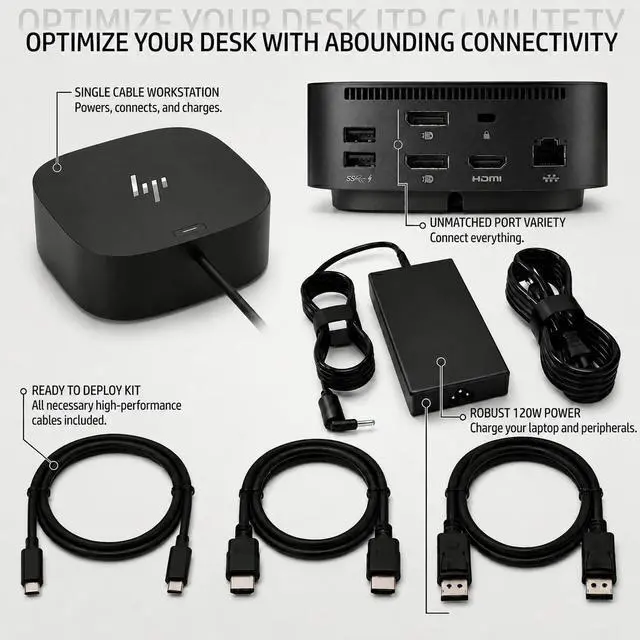 Alt view image 4 of 6 - HP Docking Station for Laptop Dual Monitor and Charging Bundle - HP USB-C G5 Essential Dock 72C71AA#ABA with 120W Adapter, HDMI, DisplayPort, USB-C Cables & Microfiber Cleaning Cloth