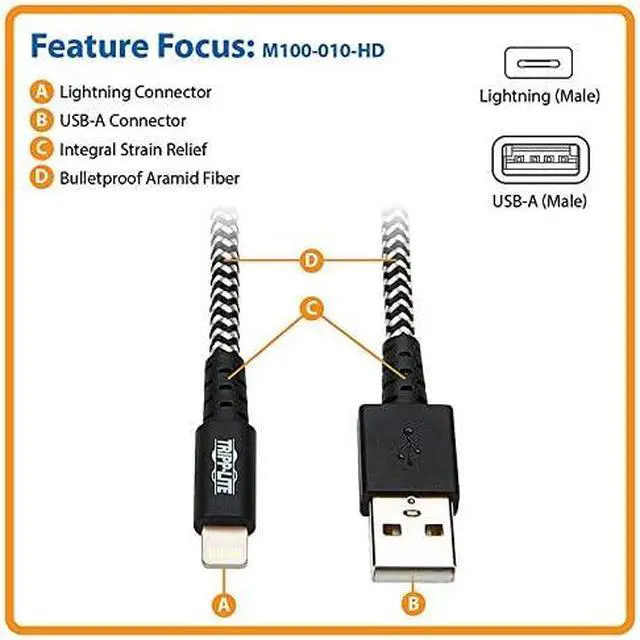 Alt view image 6 of 7 - Tripp Lite Braided Lightning Cable Lightning to USB Cable (M/Apple Certified Lightning Cable, Charge/Sync, 10 ft, Aramid Fiber, Grey, 2-Year Warranty (M100-010-HD)