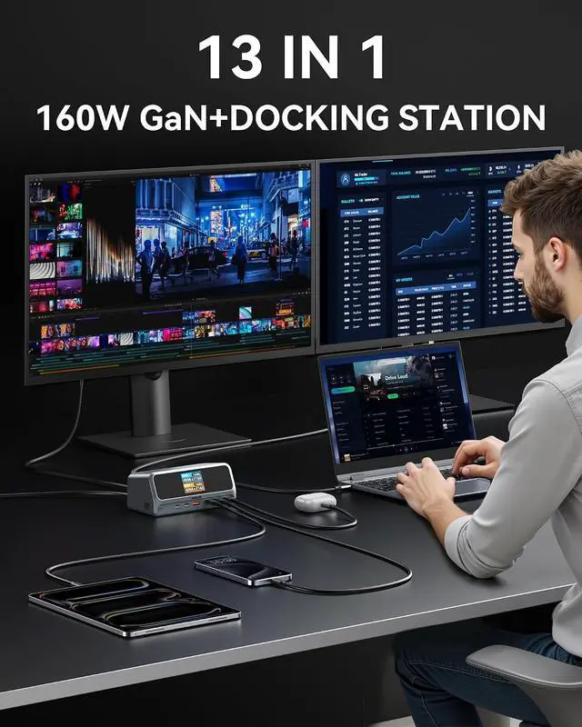 Alt view image 2 of 7 - MOKiN Docking Station,13 in 1 USB C Laptop Charging Station with 2.26" LCD Smart Display,Dual HDMI Display,10Gbps USB A/C Ports,Gigabit Ethernet,160W Max Output for MacBook Dell,HP,Lenovo and More