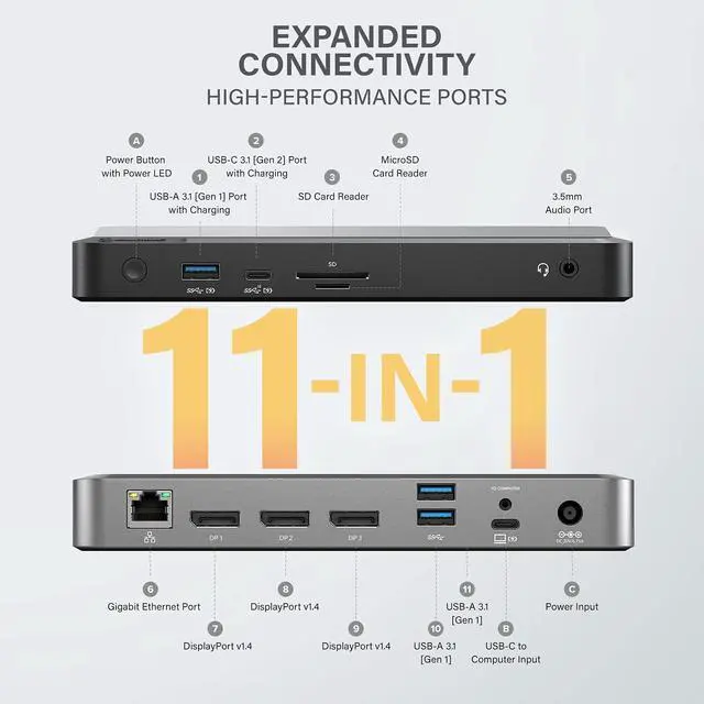 Alt view image 2 of 7 - ALOGIC Triple 4K Display Universal Docking Station DX3, 100W Laptop Charging, 3X 4K@60Hz DisplayPort, USB-C 10Gbps Fast Charging, 3X USB-A, Ethernet, SD 4.0, Audio for Mac & Windows Laptops