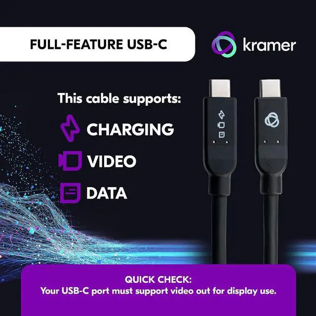 Alt view image 2 of 6 - Kramer USB-C 3.2 Gen 2 Full-Featured Cable Video, Audio, Data, Charging & Ethernet, 10Gbps, 100W, 4K@60Hz, Ultra-Flexible Jacket, 15 ft (C-U32/MFF-15)