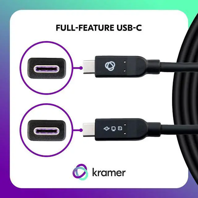 Alt view image 3 of 6 - Kramer USB-C 3.2 Gen 2 Full-Featured Cable Video, Audio, Data, Charging & Ethernet, 10Gbps, 100W, 4K@60Hz, Ultra-Flexible Jacket, 15 ft (C-U32/MFF-15)