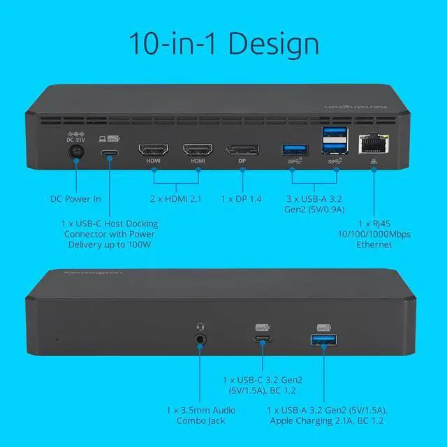 Alt view image 3 of 7 - Kensington SD3210U3 USB-C® 10Gbps Triple Video Driverless Dock 100W PD - DP/HDMI - Windows, Supporting Thunderbolt 5, Thunderbolt 4, USB4®, and USB-C® Alt Mode laptops with up to three 4K (K32802NA)
