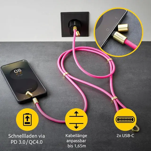 Alt view image 4 of 7 - Intenso USB-C Charging Cable 60W 480Mbps Nylon PD3.0 QC4.0-1.65m Adjustable Size Pink