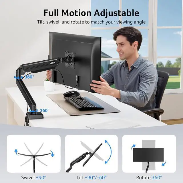 Alt view image 7 of 7 - acer USB C to HDMI Cable for Home Office 6.6FT (4K@60Hz) Bundle with Single Monitor Mount Fits 17 to 34 Inch Screens