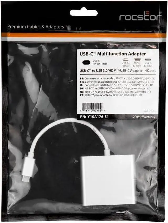 Alt view image 2 of 3 - Rocstor Y10A176-S1 Premium USB-C to HDMI Multiport Adapter USB-C to HDMI/USB-C (3.1)/USB 3.0 for Audio/Video Device - 1 x USB-C Male to 1 x HDMI Female Digital Audio/Video, Metal Silver