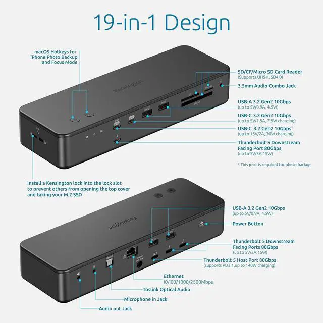 Alt view image 6 of 7 - Kensington EQ Pro Thunderbolt 5 Dock Designed for MacBook, Optimized for M-Series Pro/Max Models, 140W PD, 80Gbps Data Transfer, Built-in and Lockable PCle M.2 SSD Slot for Quick Storage K33612NA