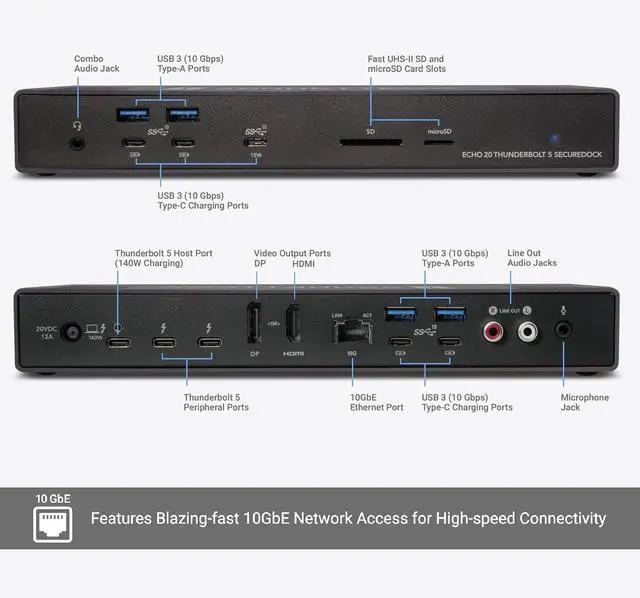 Alt view image 2 of 7 - Sonnet Echo 20 Thunderbolt 5 SecureDock Thunderbolt 5 Dock, 10Gb Ethernet, 3 Thunderbolt 5 Ports, HDMI, DisplayPort, 9 USB 10Gbps, 140W Charging, SD Card Reader, Mac, Windows, Chromebook, iPad