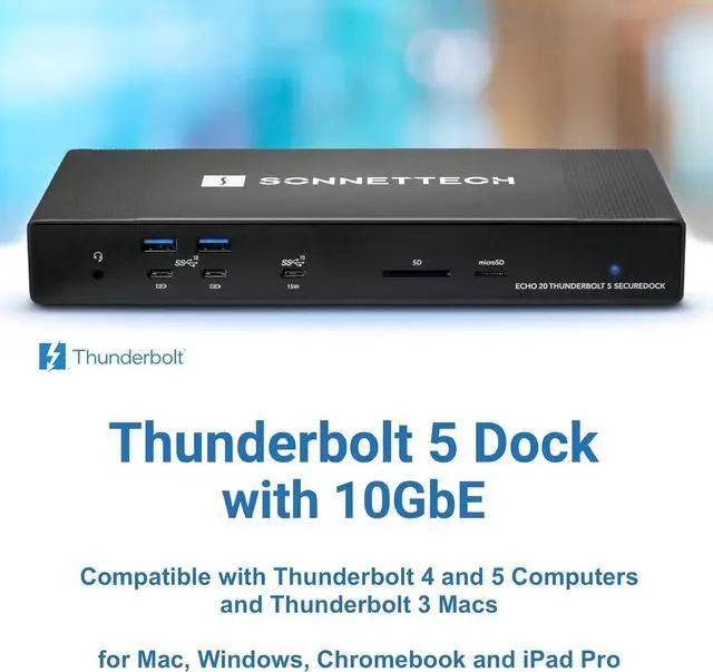 Alt view image 3 of 7 - Sonnet Echo 20 Thunderbolt 5 SecureDock Thunderbolt 5 Dock, 10Gb Ethernet, 3 Thunderbolt 5 Ports, HDMI, DisplayPort, 9 USB 10Gbps, 140W Charging, SD Card Reader, Mac, Windows, Chromebook, iPad
