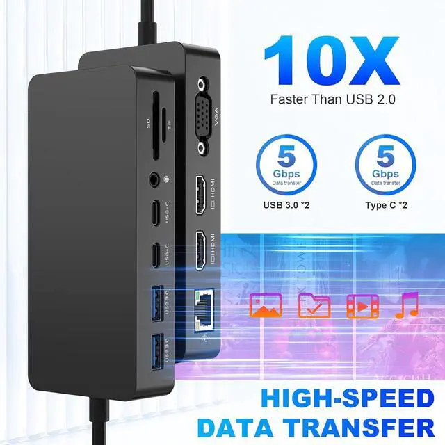 Alt view image 4 of 6 - Thunderbolt 4 Dock with 100W Power Supply - 12 in 1 Docking Station with Dual HDMI+VGA for Pro 11/10/9/8/X/7+, Laptop,Go - 2 Year Warranty