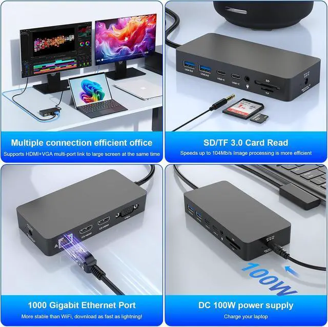 Alt view image 6 of 6 - Thunderbolt 4 Dock with 100W Power Supply - 12 in 1 Docking Station with Dual HDMI+VGA for Pro 11/10/9/8/X/7+, Laptop,Go - 2 Year Warranty
