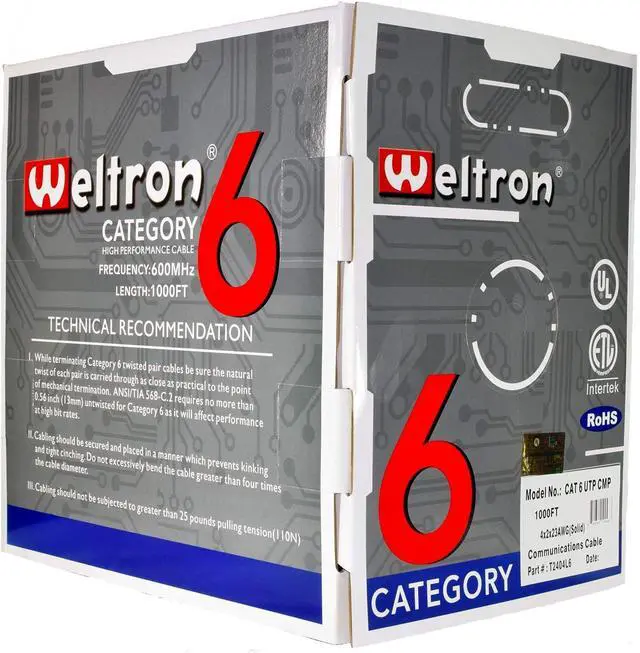 Alt view image 2 of 2 - Weltron 1000' Black Cat6 600MHz Solid Utp CMR Copper (T2404L6-BK)