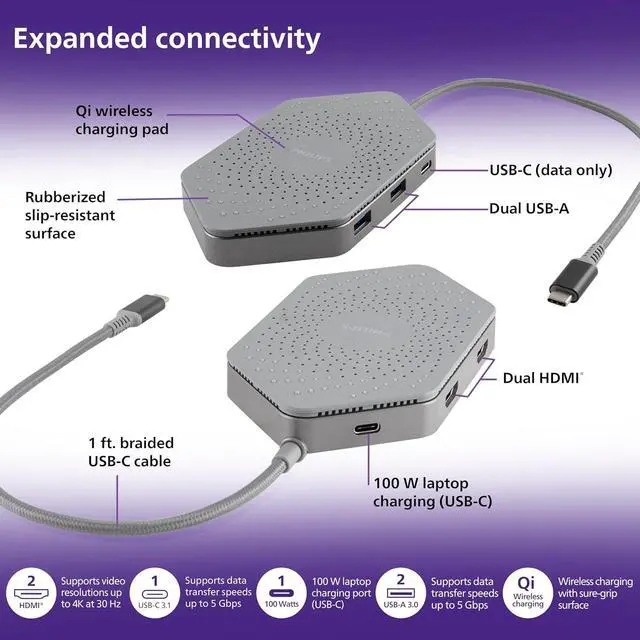 Alt view image 3 of 7 - Philips Elite Plus Qi Wireless Charger, USB-C Docking Station, 2 HDMI Ports, 100W USB-C Port, 2 USB-A, Data Transfer, 1 Ft Braided Cable, Mirror Screens, Portable for Travel, Office, SWL9323GR/37-T1