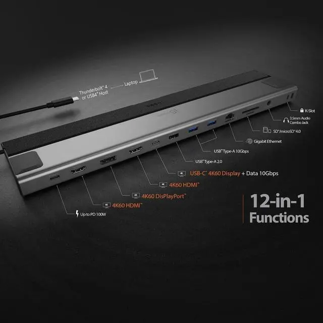 Alt view image 2 of 7 - j5 create USB4 Thunderbolt 3/4 Compatible Dual 4K Multi-Port Docking Station 14 in 1 PD Compatible Docking Station Space Gray JCD554