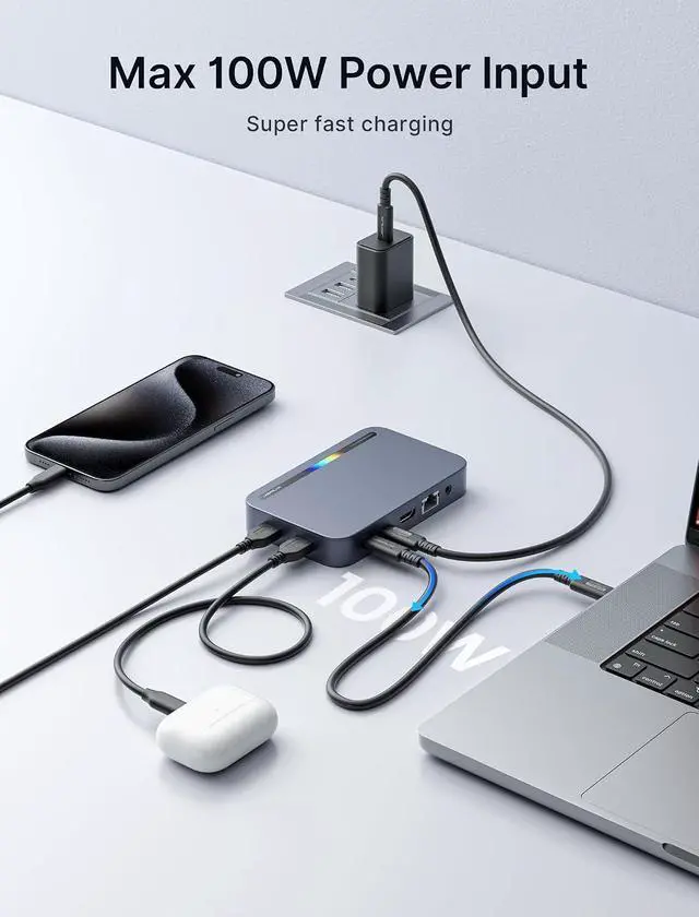 Alt view image 4 of 7 - JSAUX Laptop USB C Docking Station, 10 in 1 USB C Hub with 4K@60hz HDMI | 100W PD, USB A&C 3.0, 1000Mbps Ethernet, SD/TF, Audio for HP, MacBook, Dell, Lenovo, Portable Monitor etc.