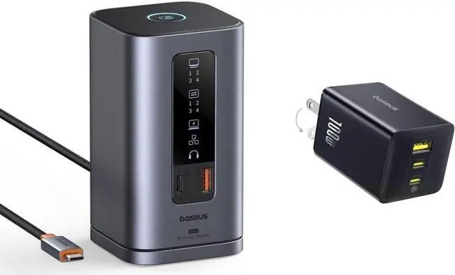 Main image of Baseus Spacemate Docking Station, 11-in-1 USB-C Dock for Windows Laptop, Baseus 100W USB C Charger Block, 3-Port Foldable Compact PPS Wall Charger