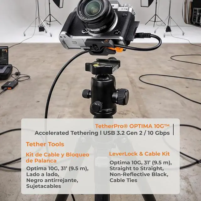 Alt view image 2 of 7 - Tether Tools LeverLock Plate and TetherPro Optima 10G 31' USB-C Straight to USB-C Straight Cable, Black