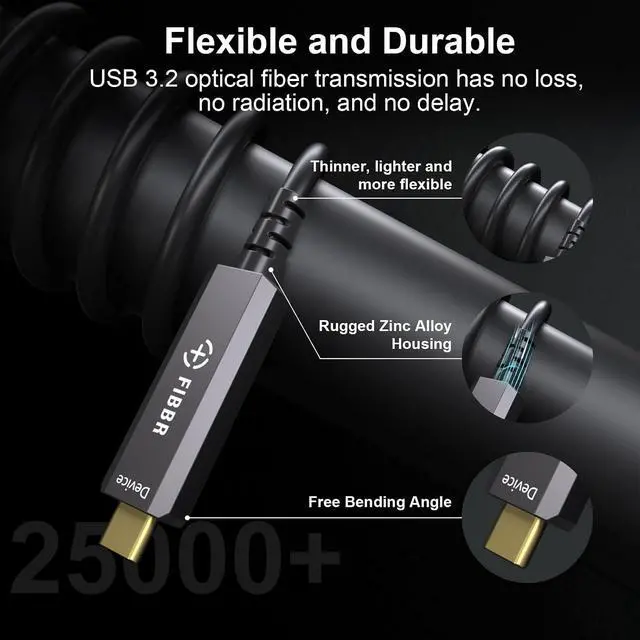 Alt view image 3 of 6 - FIBBR Fiber Optic USB 3.2 Cable 10Gbps Ultra Speed USB A to USB C Cable, Ideal for Webcams, VR/AR Gear, Projectors & TVs (16.5ft)