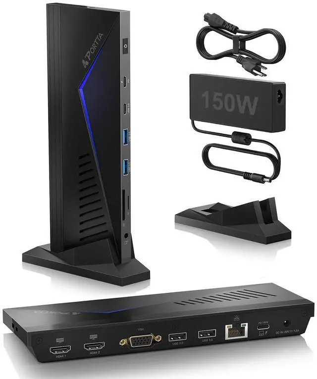 Main image of PORTTA 14 in 1 Docking Station Dual Monitor up to 4K 30 w/ 150W Power Adapter, HDMI x2, USB x6, VGA, RJ45, SD/TF, 100W PD, Audio/Mic, Compatible with macOS/Windows SST/MST, Driver Required