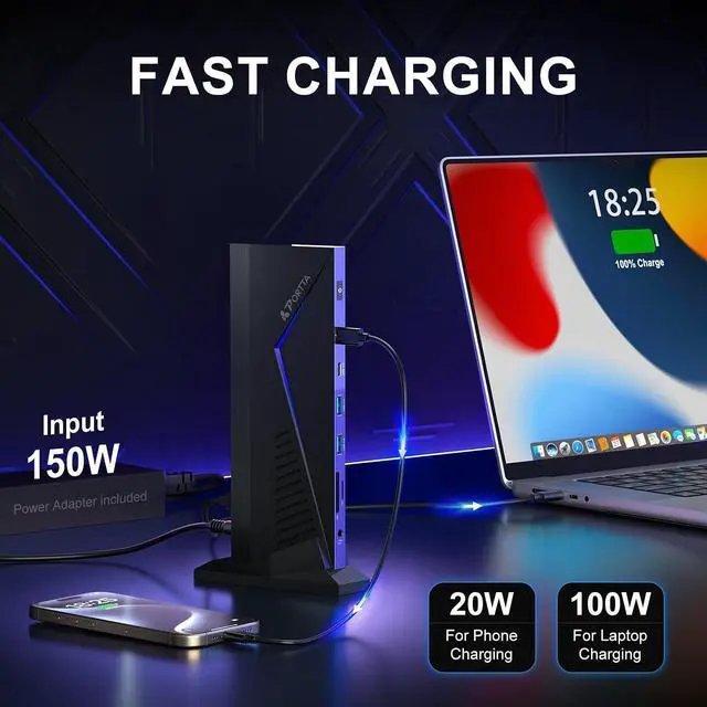 Alt view image 5 of 7 - PORTTA 14 in 1 Docking Station Dual Monitor up to 4K 30 w/ 150W Power Adapter, HDMI x2, USB x6, VGA, RJ45, SD/TF, 100W PD, Audio/Mic, Compatible with macOS/Windows SST/MST, Driver Required
