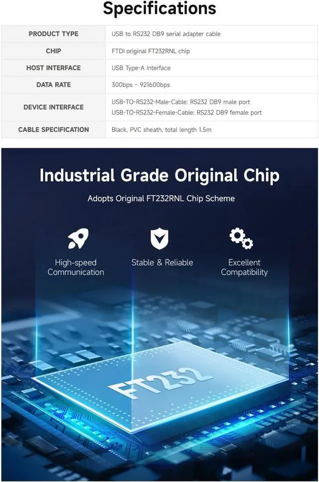 Alt view image 5 of 7 - waveshare 3PCS Industrial USB to RS232 Adapter with Original FT232RNL FTDI Chip, Compatible with OS Including Mac OS,Linux,Windows 11/10/8.1/8/7/XP,Length 1.5m, USB to RS232 Female Cable