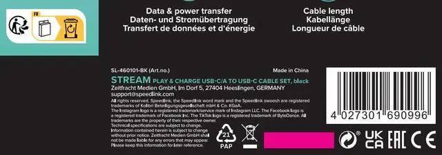 Alt view image 6 of 6 - Speedlink Stream Play & Charge USB-C/USB-A to USB-C Controller Cable Set 3m - 2 Charging Cables for Controller PS5 Xbox Switch Controller, 3 metres, Charging and Data Transfer, Black