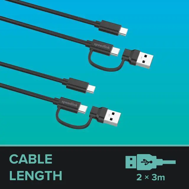 Alt view image 4 of 6 - Speedlink Stream Play & Charge USB-C/USB-A to USB-C Controller Cable Set 3m - 2 Charging Cables for Controller PS5 Xbox Switch Controller, 3 metres, Charging and Data Transfer, Black