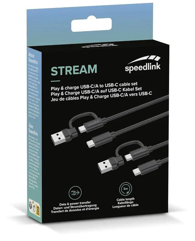 Alt view image 5 of 6 - Speedlink Stream Play & Charge USB-C/USB-A to USB-C Controller Cable Set 3m - 2 Charging Cables for Controller PS5 Xbox Switch Controller, 3 metres, Charging and Data Transfer, Black