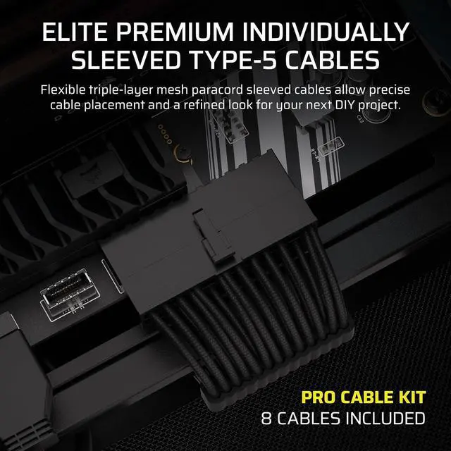 Alt view image 2 of 5 - Corsair Elite Premium Type 5 Individual Sleeved PSU Cable Pro Kit Low-Profile Cable Combs, Triple-Mesh Paracord Sleeve, Compatible Type 5 PSUs Black