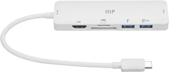 Alt view image 4 of 5 - Monoprice 6-in-1 USB Type-C Multiport 4K HDMI Adapter - 4K@60Hz Max Resolution, 5Gbps, Card Readers, 100 Watts PD, 6.7 Inch USB-C Cable, Plug-n-Play, Compact and Lightweight, White
