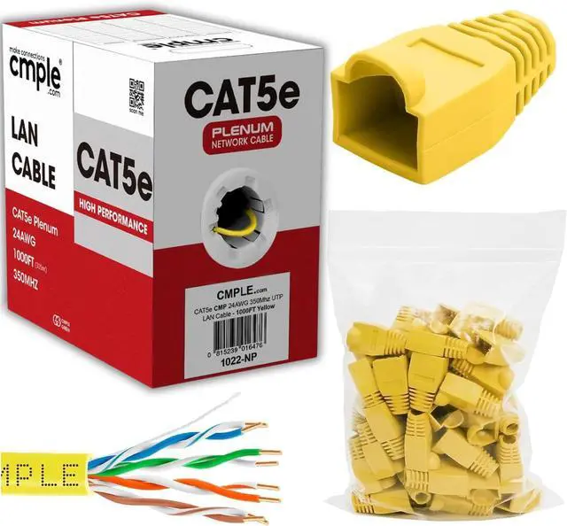 Main image of Cmple - Yellow Cat5e Ethernet Cable 1000ft Bulk Unshielded Twisted Pair (UTP), Solid 24AWG + 50 Pack Yellow RJ45 Strain Relief Boots for Ethernet RJ45 LAN Cable Bundle