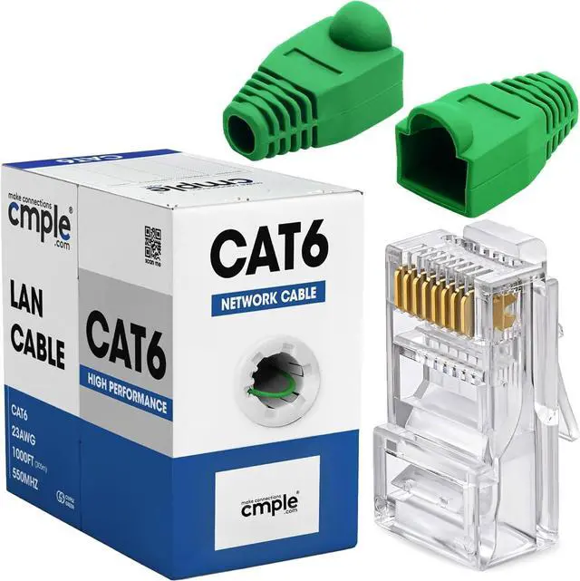 Main image of Cmple - Green Cat6 Cable 1000ft Bulk LAN Ethernet Cord 23AWG + 50 Pack Green RJ45 Strain Relief Boots + 100 Pack RJ45 Cat6 Pass-Through Connectors Bundle