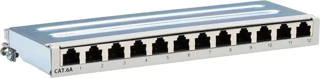 Main image of Tripp Lite 12 Port Cat6a STP Patch Panel for Wall Mount or DIN Rail, 10 Gbps, RJ45 to 110 Terminals, 568A/568B, EMI/RFI Shielding, Mounting Included, TAA Compliant, (N250-SH12-DIN6A)