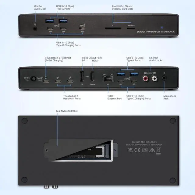Alt view image 2 of 7 - Sonnet Echo 21 Thunderbolt 5 SuperDock Thunderbolt 5 Dock with M.2 NVMe SSD Slot, 10Gb Ethernet, 3 Thunderbolt 5 Ports, HDMI, DisplayPort, 9 USB 10Gbps, 140W Charging, SD Card Reader, Mac, Windows