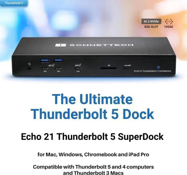 Alt view image 3 of 7 - Sonnet Echo 21 Thunderbolt 5 SuperDock Thunderbolt 5 Dock with M.2 NVMe SSD Slot, 10Gb Ethernet, 3 Thunderbolt 5 Ports, HDMI, DisplayPort, 9 USB 10Gbps, 140W Charging, SD Card Reader, Mac, Windows