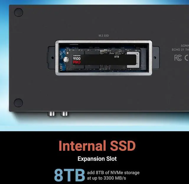 Alt view image 6 of 7 - Sonnet Echo 21 Thunderbolt 5 SuperDock Thunderbolt 5 Dock with M.2 NVMe SSD Slot, 10Gb Ethernet, 3 Thunderbolt 5 Ports, HDMI, DisplayPort, 9 USB 10Gbps, 140W Charging, SD Card Reader, Mac, Windows