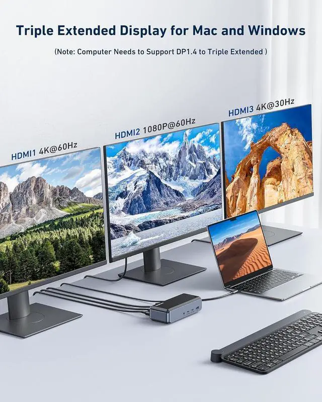Alt view image 5 of 7 - Triple Monitor USB C Docking Station - MacBook Pro Docking Station with Power Adapter for MacBook M1/M2/M3/Windows, HDMI*3, RJ45, 10Gbps USB*5, PD, USB 3.0 * 2