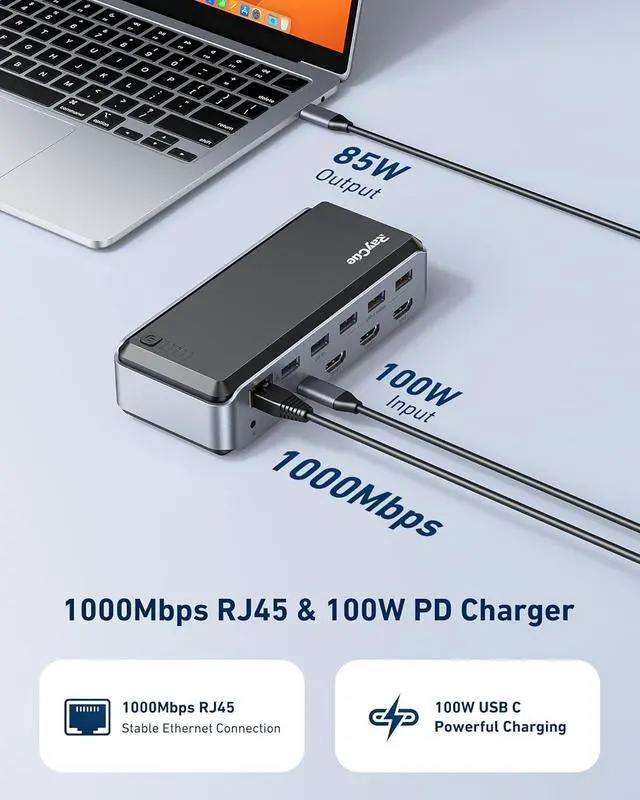 Alt view image 7 of 7 - Triple Monitor USB C Docking Station - MacBook Pro Docking Station with Power Adapter for MacBook M1/M2/M3/Windows, HDMI*3, RJ45, 10Gbps USB*5, PD, USB 3.0 * 2