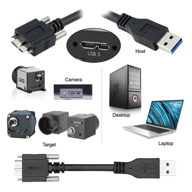 Alt view image 3 of 7 - Vision Cable Micro USB3.0 Type-B Dual Screw Locking Panel to Type-A USB3.0 Data 5Gbps Power Cord High Speed Compatible with VR Industrial Camera Computer (1.2m)