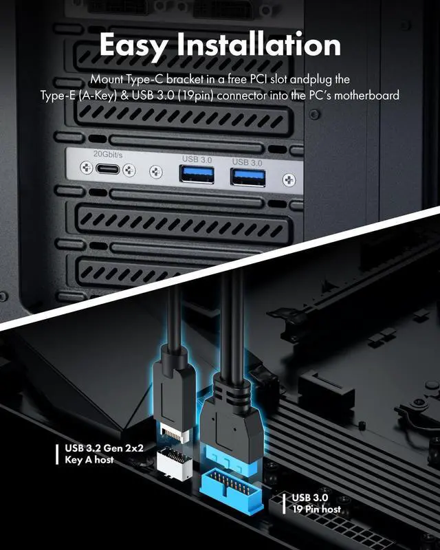Alt view image 2 of 7 - GRAUGEAR 20Gbps USB3.2 Gen2x2 USB-C Front Panel Adapter, Motherboard Header Extension Cable, USB-C and USB to 20-pin USB Type-E A-Key and 19-pin USB3.0 Connector with PCIe Bracket