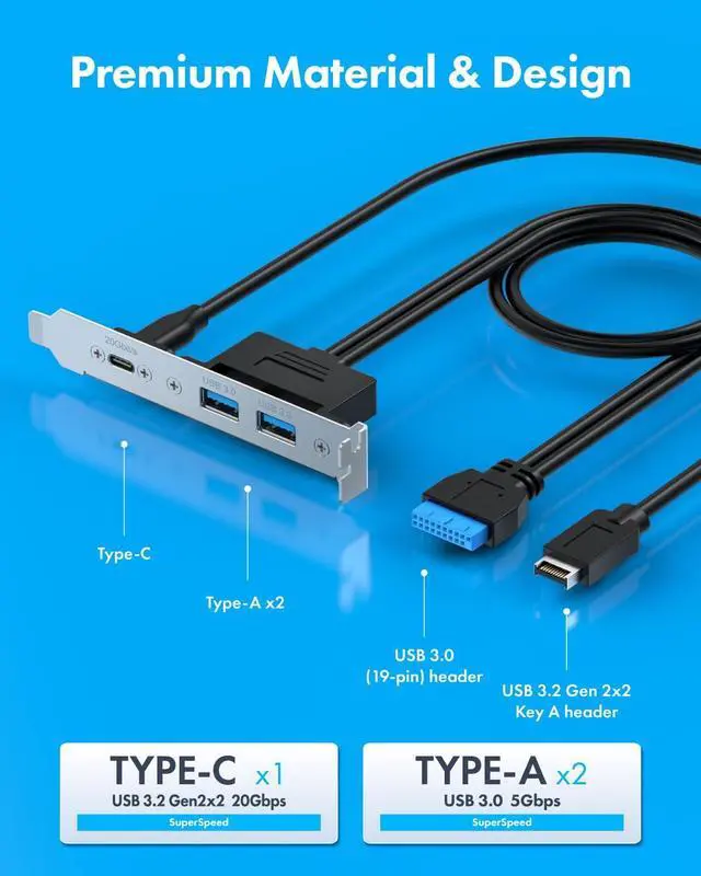 Alt view image 3 of 7 - GRAUGEAR 20Gbps USB3.2 Gen2x2 USB-C Front Panel Adapter, Motherboard Header Extension Cable, USB-C and USB to 20-pin USB Type-E A-Key and 19-pin USB3.0 Connector with PCIe Bracket