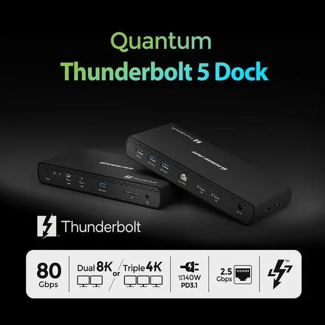 Alt view image 2 of 7 - IOGEAR Quantum Thunderbolt 5 Dock Pro - 10 Devices - 80gbps - 2.5G - TB5 Host Dual 8K 60hz / Triple 4K Display 120hz - USB-A, SD 4.0, Audio - TAA - 140W Host Power - Includes PSU - Win 11 GTD58KTAA