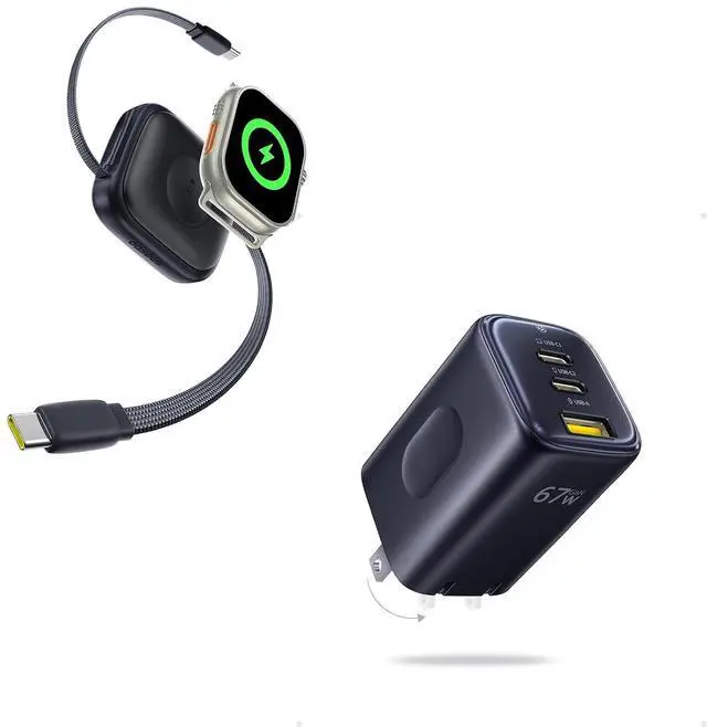 Main image of Baseus Retractable USB C Cable for Apple Watch, 100W 5A Fast Charging Cable PICOGO 67W USB C Charger, Smallest 3 Port Fast Charging Block with Foldable Plug