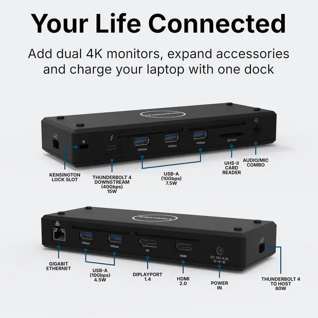 Alt view image 2 of 7 - VisionTek VT5400 Thunderbolt 4 Docking Station - Dual 4K 60Hz, 40Gbps, 80W PD Creative Workstation Dock with SD 4.0 for MacBook Pro, Windows & USB4 Laptops, TAA Compliant