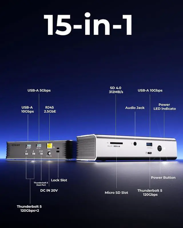 Alt view image 3 of 7 - Thunderbolt 5 Docking Station (80/120Gbps), Build in NVMe SSD Slot, 180W Power Delivery, Up to Dual 6K@60Hz for Mac, Dual 8K120Hz for Windows,3X Thunderbolt 5 Ports, Laptop Docking Station