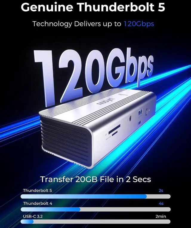 Alt view image 6 of 7 - Thunderbolt 5 Docking Station (80/120Gbps), Build in NVMe SSD Slot, 180W Power Delivery, Up to Dual 6K@60Hz for Mac, Dual 8K120Hz for Windows,3X Thunderbolt 5 Ports, Laptop Docking Station