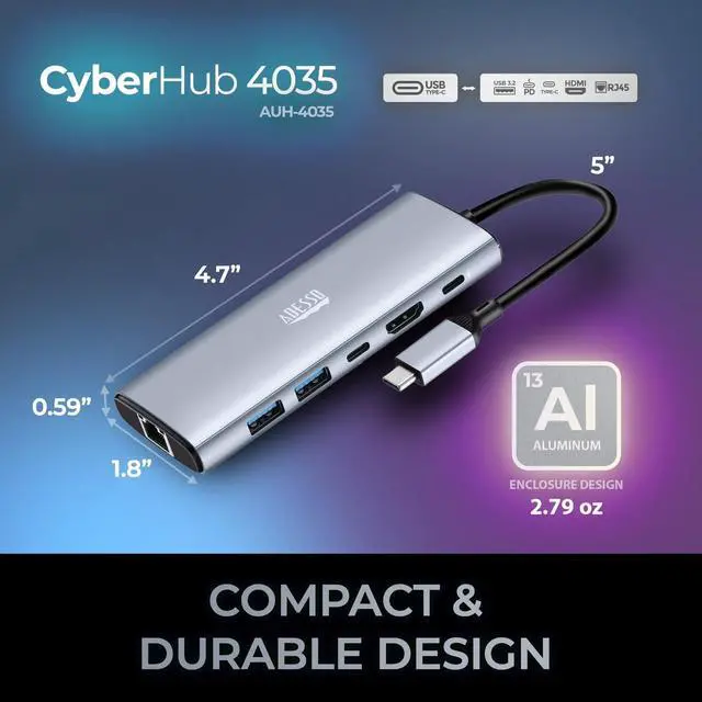 Alt view image 6 of 7 - Adesso AUH-4035 7 in 1 Docking Station, Supports USB C to x1 4K HDMI, 3X USB-A 3.2, 1x PD, 1x Micro SD, 1x SD Card