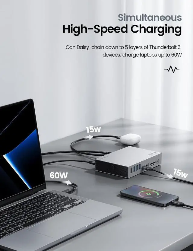 Alt view image 5 of 7 - Yottamaster 15-Port Thunderbolt 3 Dock, Laptop Docking Station with 2 * 40 Gbps Thunderbolt 3(60W/15W), DisplayPort 8K@30Hz for Windows and Mac, S/PDIF, 7*USB, Gigabit Ethernet,SD/TF, Audio, DC 60W