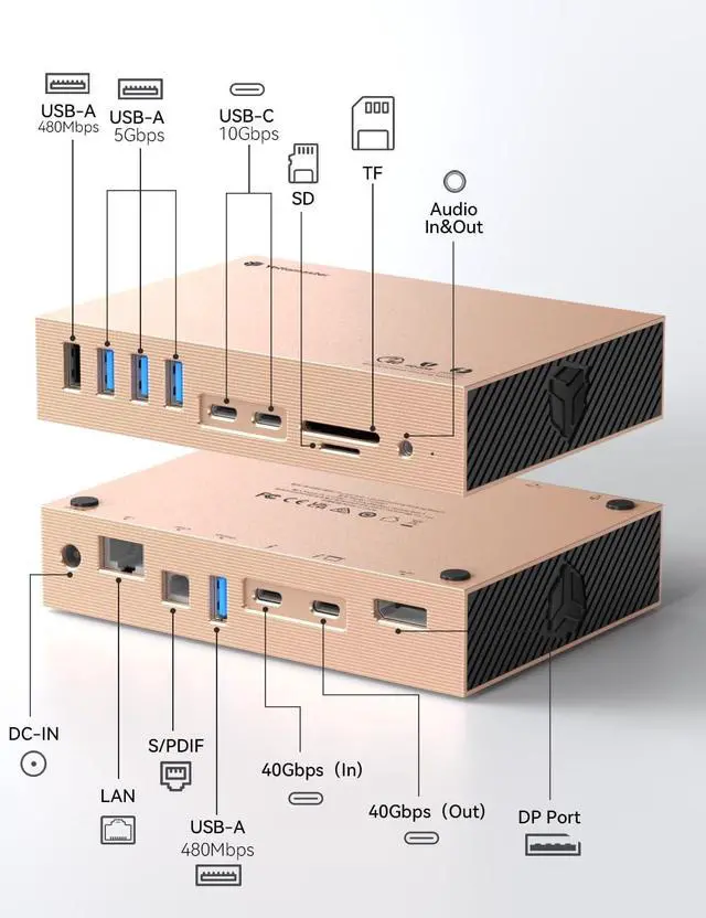 Alt view image 2 of 7 - Yottamaster 15-Port Thunderbolt 3 Dock, Laptop Docking Station with 2 * 40 Gbps Thunderbolt 3(60W/15W), DisplayPort 8K@30Hz for Windows and Mac, S/PDIF, 7*USB, Gigabit Ethernet,SD/TF, Audio, DC 60W